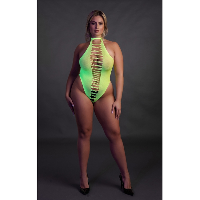 Fluorescencyjne, świecące body z wysokim wycięciem, neonowa zieleń rozmiar XL/XXXXL