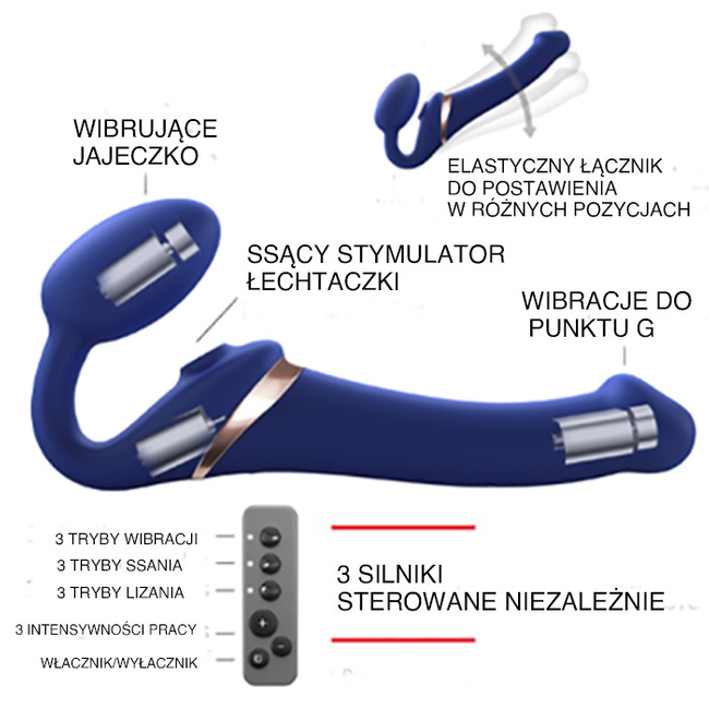 Francuski ekspert - multiorgazmowy, wibrujący, 3-silnikowy  strapon bez pasków, z sonicznym stymulatorem łechtaczki, wibrujące jajeczko, na pilota, 14,7 cm, kolor nocny granat, HiTech, silikon