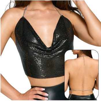 Krótki top bez pleców czarnych, opalizujących, metalowych cekinów, COTTELLI