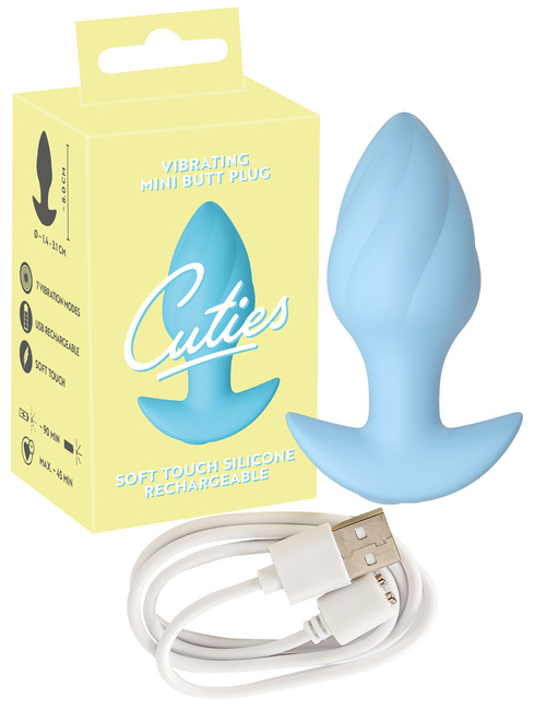Wibrujący pieszczoch analny Cuties. Rowkowany, o zmiennej grubości, , kolor niebieski silikon