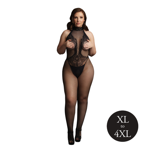 Siateczkowy kostium bodystocking z siatki i koronki z dekoltem typu halter, kolor czarny, rozmiar XL/4XL