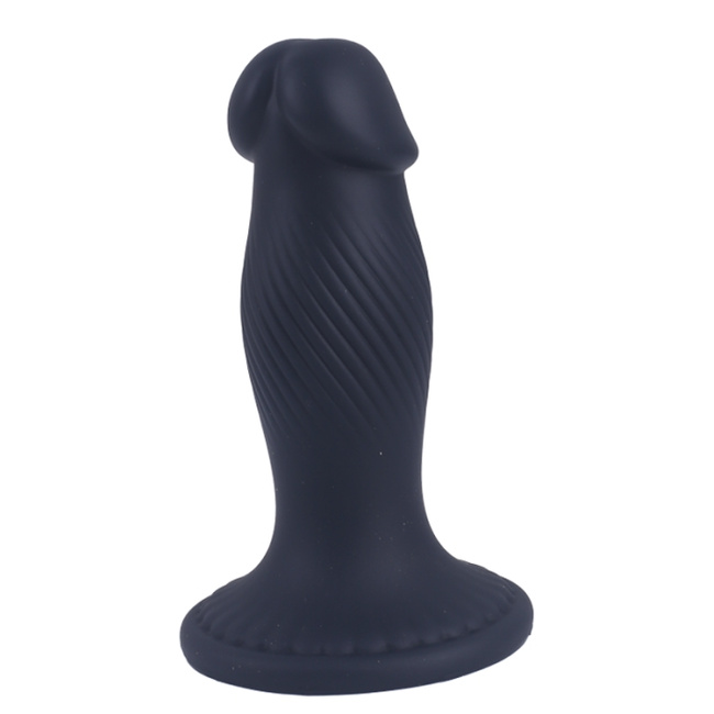 Korek analny, butt plug z główką penisa, z podłużnymi rowkami i przyssawką, rozmiar średni 11,4 cm, max Ø 3,7 cm, płynny silikon