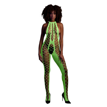Fluorescencyjny, świecący w ciemnosci siateczkowy kostium z dekoltem typu halter, neonowa zieleń rozmiar XS/XL