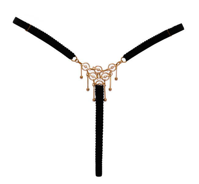 Jubilerskie open stringi ouvert, zdobione pierścieniami i wisiorkami w kolorze złotym, rozmiar S-L