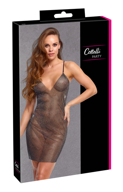 Efektowna sukienka z przejrzystej siateczki, zdobiona na całej powierzchni błyszczącymi kryształkami