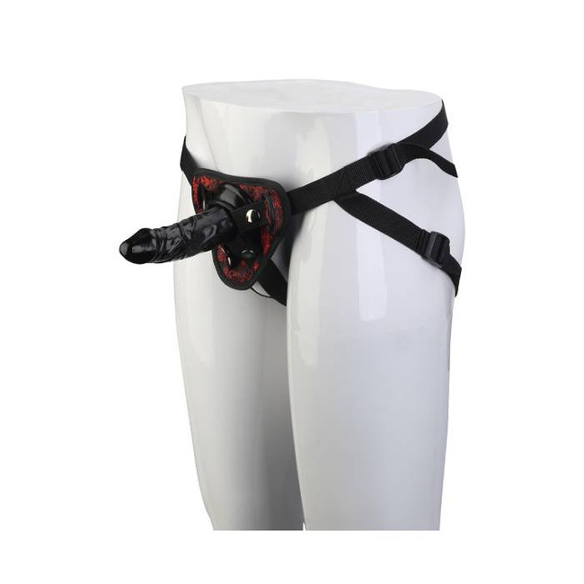 Elegancki luksusowy strapon – harness (uprząż) i dildo seria, zdobione czerwoną koronką seria DELUXE BDSM