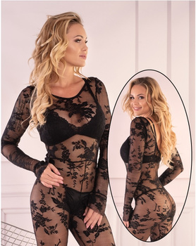 Siateczkowy kostium bodystocking Manelis z siateczki zdobionej motywami kwiatowymi, kolor czarny, rozmiar S-L