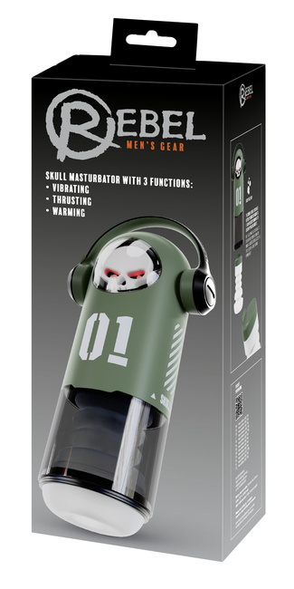 Duży masturbator 3w1 z wibracjami, ruchem posuwistym, z grzaniem i świecącą czaszką