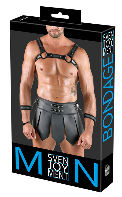Gladiator zestaw: pas z krótką spódniczką, harnes i miękkie kajdanki z karabińczykami, soft BDSM