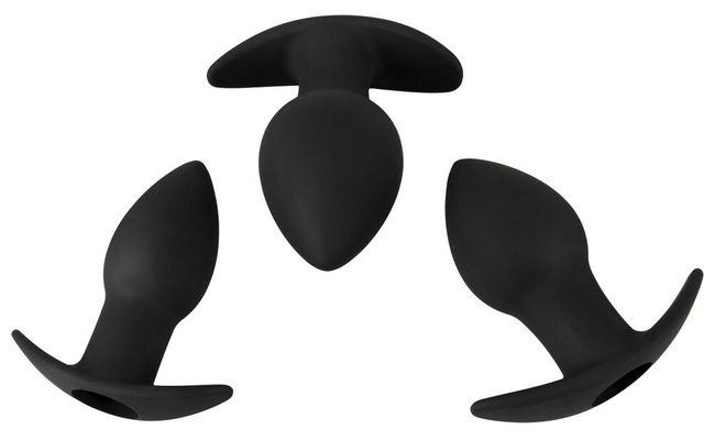 Zestaw trzech wibrujących korków analnych Ø 3,3 cm, Ø 3,9 cm, Ø 4,5 cm, wymienny bulletem, silikon
