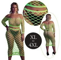 Fluorescencyjny, świecący, dwucześciowy kostium - krótki top z długim rękawem + długa sukienka, neonowa zieleń rozmiar XL/XXXXL