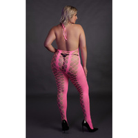 Fluorescencyjny, świecący w ciemnosci siateczkowy kostium z dekoltem typu halter, neonowy róż rozmiar XL/XXXXL