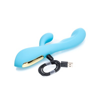 Dwusilnikowy ciepły pieszczoch wibrator z królikiem i funkcją lekkiego grzania, błękit cyjanowy, 23 cm / 12,5 wkładane