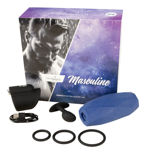 Męski zestaw - wibrujący masturbator, masturbator manualny, masażer prostaty i trzy pierścienie erekcyjne