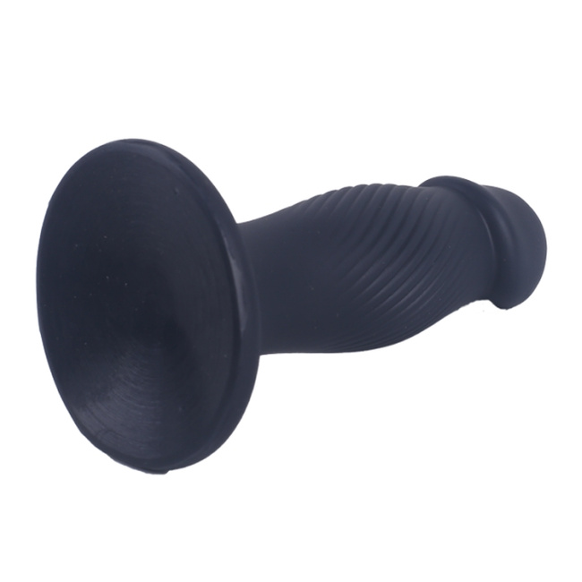 Korek analny, butt plug z główką penisa, z podłużnymi rowkami i przyssawką, rozmiar średni 11,4 cm, max Ø 3,7 cm, płynny silikon