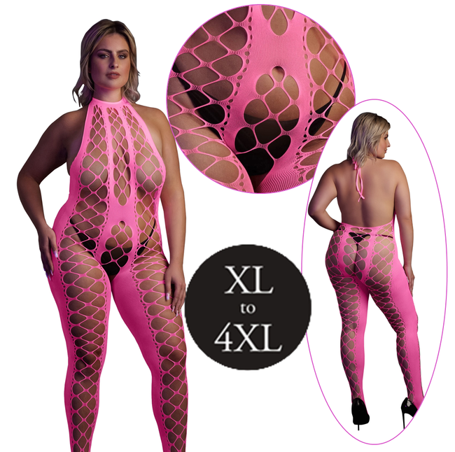 Fluorescencyjny, świecący w ciemnosci siateczkowy kostium z dekoltem typu halter, neonowy róż rozmiar XL/XXXXL