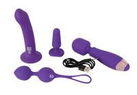 Zestaw startowy dla kobiet , 4 elementy: masażer z wibracjami, plug anal, kulki waginalne i dildo z przyssawką