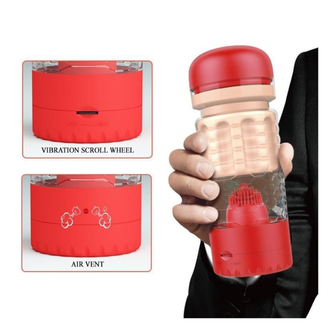 Gorąca cipka tenisistki Emily – realistyczny, wibrujący masturbator w obudowie, ze ssaniem i zestawem włosków pieszczących główkę penisa, czerwony