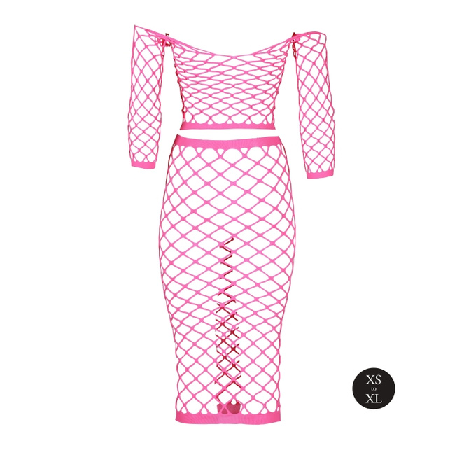 Fluorescencyjny, świecący, dwucześciowy kostium - krótki top z długim rękawem + długa sukienka, neonowy róż rozmiar XS/XL