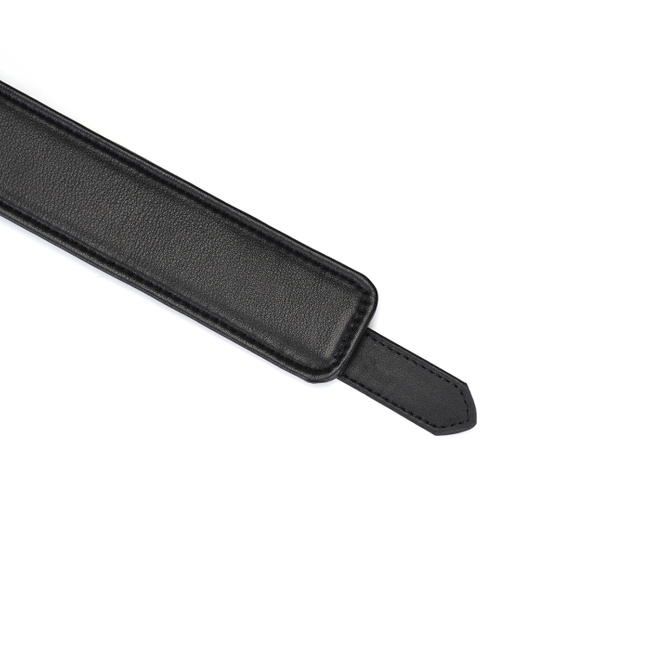Wykwintne kajdanki na uda z licowej ścisłej skóry bydlęcej w kolorze głębokiej czerni z okuciami  z metalu w kolorze złota rozmiar S/M obwód max 62,5 cm