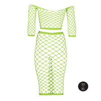 Fluorescencyjny, świecący, dwucześciowy kostium - krótki top z długim rękawem + długa sukienka, neonowa zieleń rozmiar XS/XL