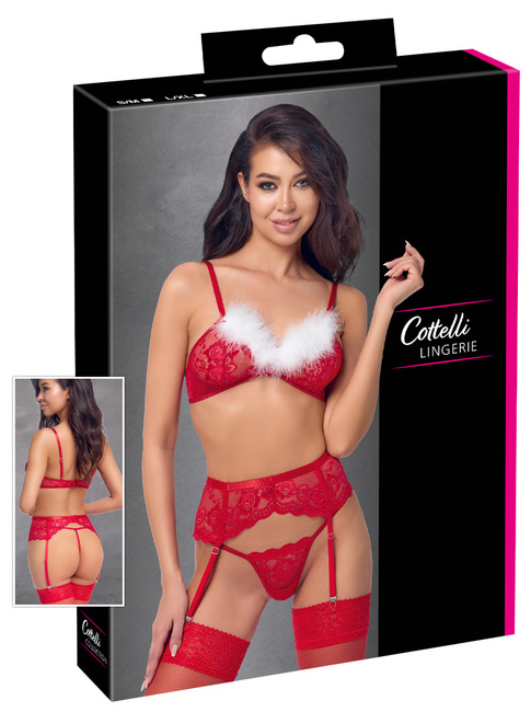 Zestaw 3-częściowy X‑Mas Set: czerwony biustonosz, pas  i stringi, czerwona koronka z białym futerkiem