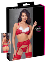 Zestaw 3-częściowy X‑Mas Set: czerwony biustonosz, pas  i stringi, czerwona koronka z białym futerkiem