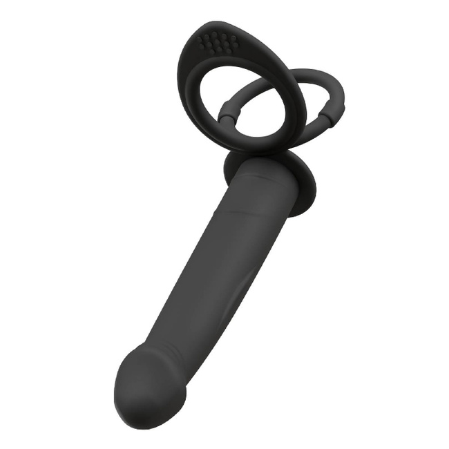 Dildo do podwójnej penetracji z ringiem erekcyjnym i ringiem na jądra, 13,1 cm, na pilota, wodoodporny IPX7, silikon