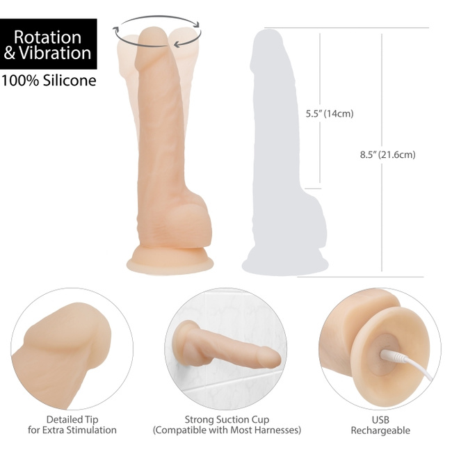 Wibrująco-rotujące dildo z przyssawką, wibrator do waginy i anusa, Platinum Cured Silicon, kolor cielisty, 20,3 cm / 14 cm wkładane, rozmiar XL