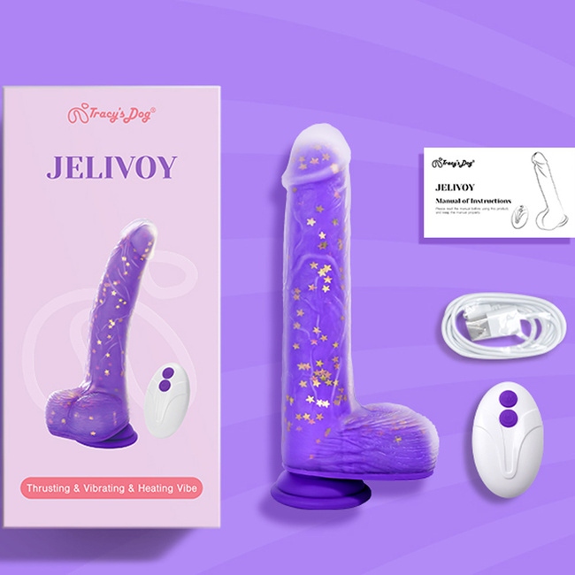 POSUWISTE Silikonowe purpurowe dildo wibrujące na pilota JELIVOY Swing&Thrusting od Tracy's Dog 23 cm z mocną przyssawką 