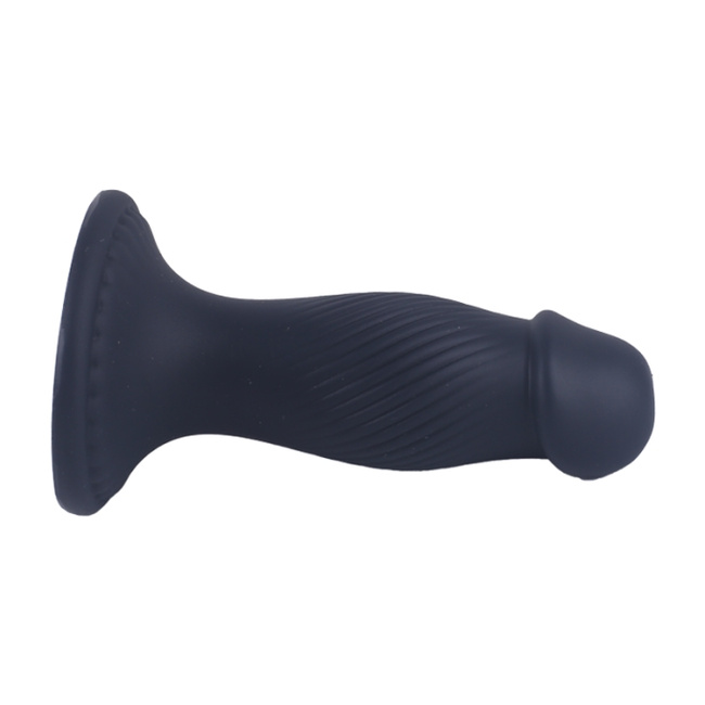 Korek analny, butt plug z główką penisa, z podłużnymi rowkami i przyssawką, rozmiar średni 11,4 cm, max Ø 3,7 cm, płynny silikon