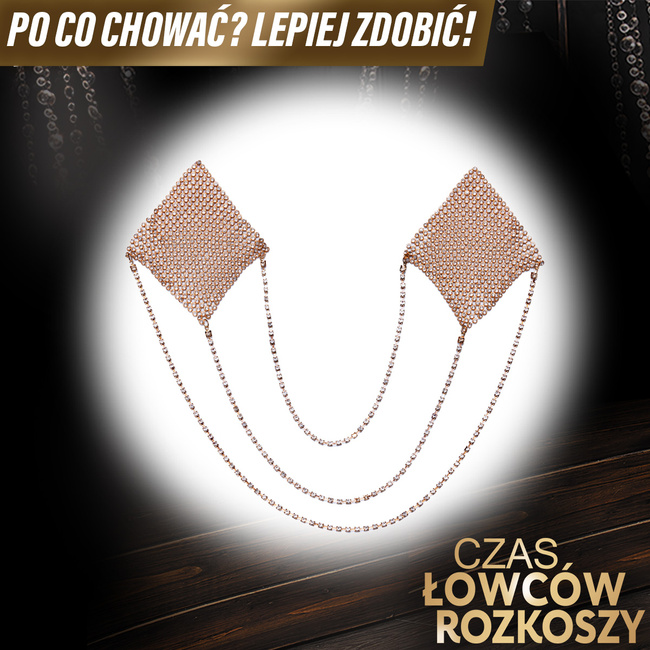 Nakładki naklejki na sutki ze złocistego łańcuszka z kryształkami jak brylanciki, połączone łańcuszkami.