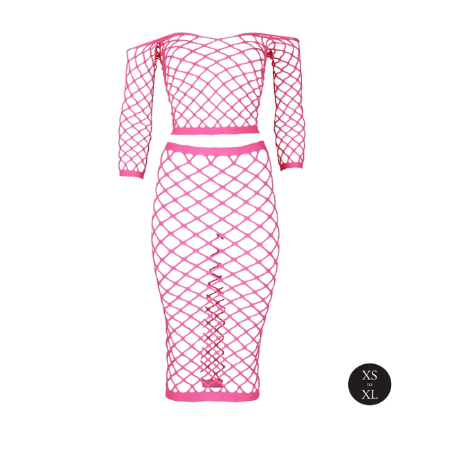 Fluorescencyjny, świecący, dwucześciowy kostium - krótki top z długim rękawem + długa sukienka, neonowy róż rozmiar XS/XL