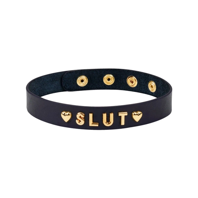 Obroża, naszyjnik, skórzana, z pozłacanym napisem "SLUT"  choker 