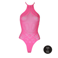 Fluorescencyjne, świecące w ciemnosci body z dekoltem typu halter, neonowy róż rozmiar XS/XL