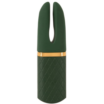 Luksusowy szmaragdowo-złoty wibrator masażer z rozdwojoną, elastyczną głowicą do silnej stymulacji łechtaczki, sutków i pochwy, 13,1 cm