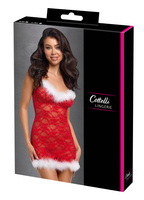 Koronkowa czerwona halka, koronkowa koszulka, z białym futerkiem i regulowanymi ramiączkami