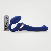 Francuski ekspert - multiorgazmowy, wibrujący, 3-silnikowy  strapon bez pasków, z sonicznym stymulatorem łechtaczki, wibrujące jajeczko, na pilota, 14,7 cm, kolor nocny granat, HiTech, silikon