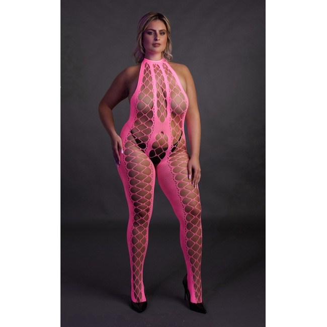 Fluorescencyjny, świecący w ciemnosci siateczkowy kostium z dekoltem typu halter, neonowy róż rozmiar XL/XXXXL