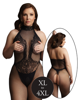 Siateczkowy kostium bodystocking z siatki i koronki z dekoltem typu halter, kolor czarny, rozmiar XL/4XL