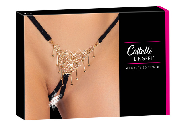 Jubilerskie open stringi ouvert, zdobione pierścieniami i wisiorkami w kolorze złotym, rozmiar S-L