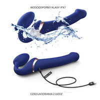 Francuski ekspert - multiorgazmowy, wibrujący, 3-silnikowy  strapon bez pasków, z sonicznym stymulatorem łechtaczki, wibrujące jajeczko, na pilota, 14,7 cm, kolor nocny granat, HiTech, silikon