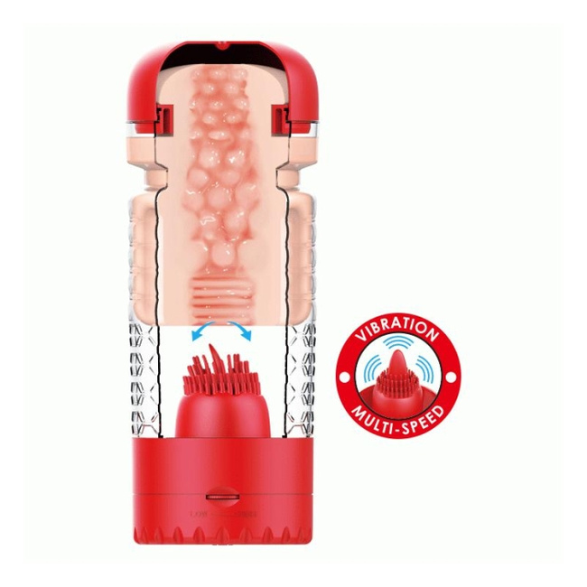 Gorąca cipka tenisistki Emily – realistyczny, wibrujący masturbator w obudowie, ze ssaniem i zestawem włosków pieszczących główkę penisa, czerwony