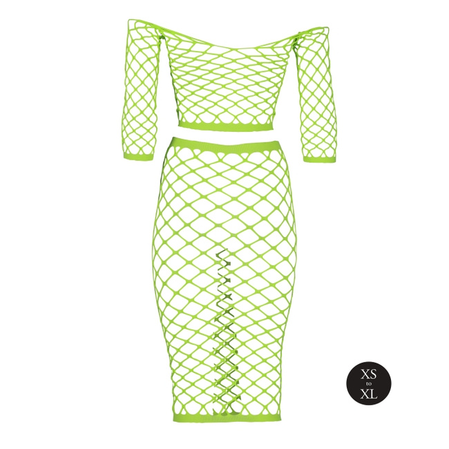 Fluorescencyjny, świecący, dwucześciowy kostium - krótki top z długim rękawem + długa sukienka, neonowa zieleń rozmiar XS/XL