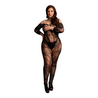 Siatkowy kostium bodystocking z długim rękawem, koronkowym wzorem i otwartym krokiem, połączone z pończochami, ONE SIZE XL-4XL