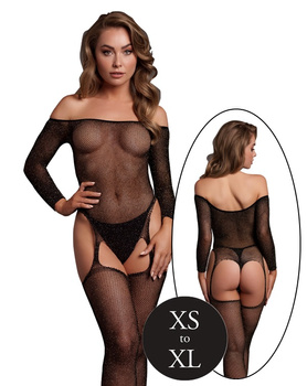 Złoty siatkowy kostium bodystocking off the shoulder, z odkrytym kroczem, połączony z pończochami, czarny ze złota nitką, ONE SIZE XS-XL