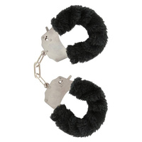 Fikuśne kajdanki metalowe z czarnym futerkiem na przeguby rąk BDSM