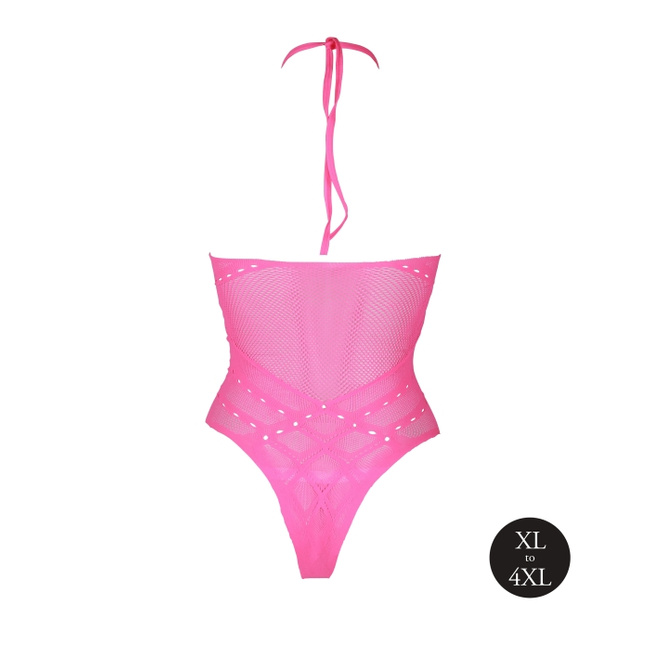 Fluorescencyjne, świecące w ciemnosci body z dekoltem typu halter, neonowy róż rozmiar XL/XXXXL