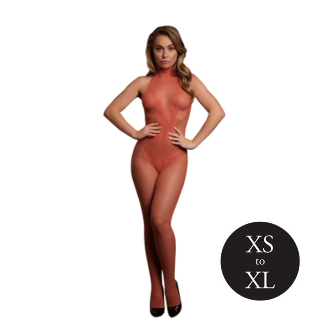 Siateczkowy kostium bodystocking z siatki i koronki z dekoltem typu halter, kolor czerwony, rozmiar XS/XL