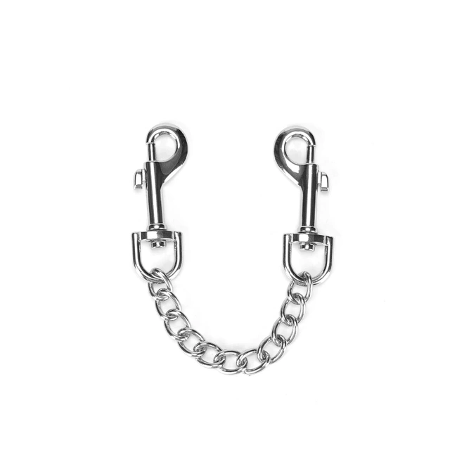 Eleganckie kajdanki na ręce z naturalnej skóry zespolonej w kolorze głębokiej czerni z okuciami i łańcuchem z metalu w kolorze srebra